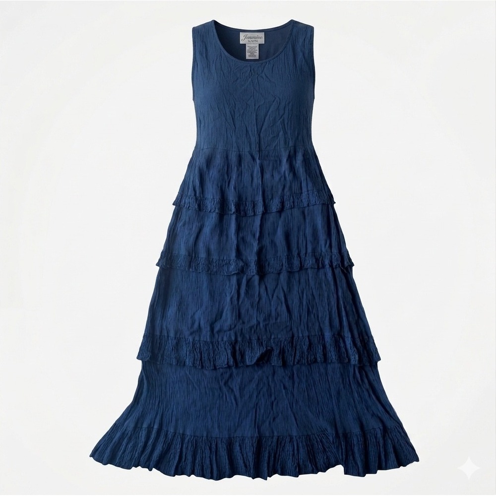 Vintage 90s Jasmine by KVM Navy Blue Crinkle Rayon Tiered Maxi Dress L